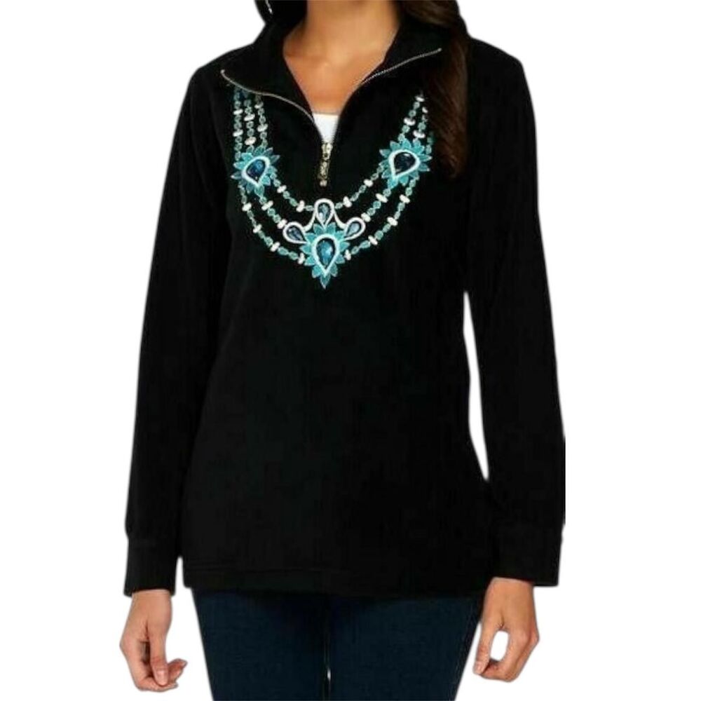 Bob Mackie Wearable Art Fleece 1/4 Zip Pullover Embroidered Necklace 3X Black